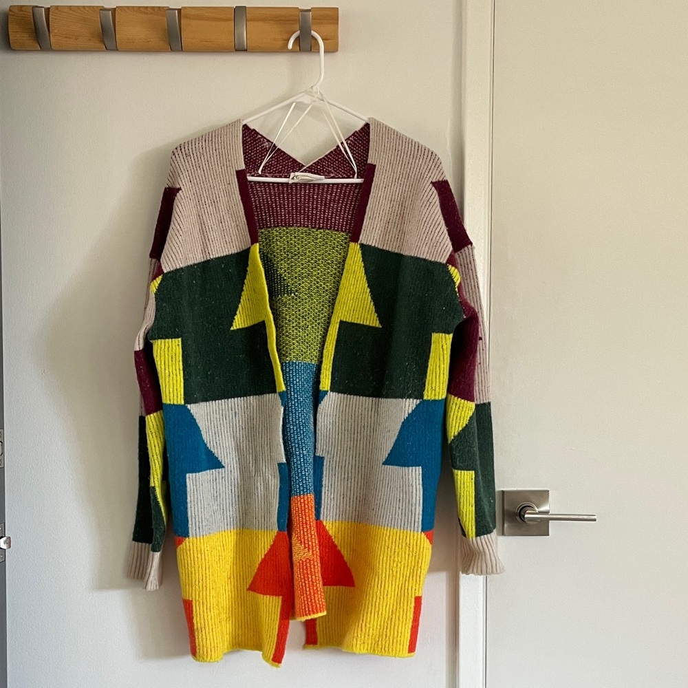 Love Riche Geometric Multicolor Knit Cardigan Sweater Small S Boho Retro